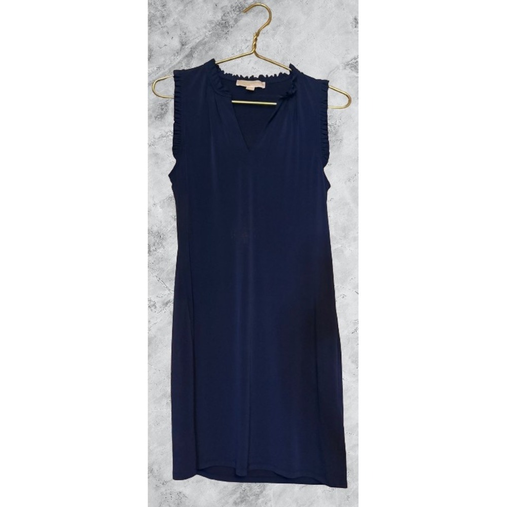 Michael Kors Navy Blue Ruffle V-Neck Sleeveless Shift Dress Womens Medium